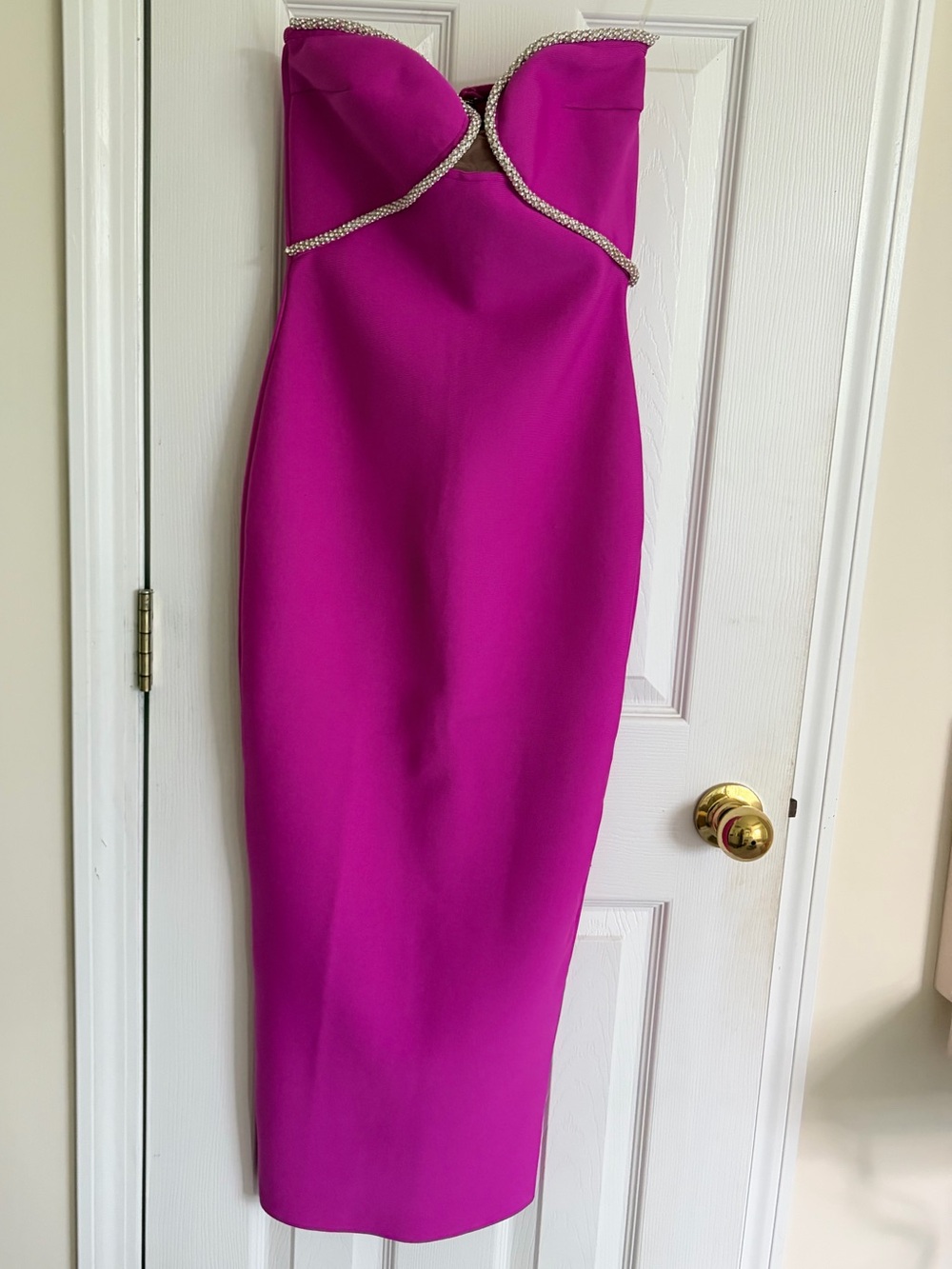 Fashion Nova Strapless Hot Pink Midi Dress with Rhinestone Trim